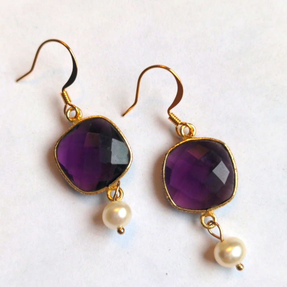 Amethyst & pearl earrings. New, Handcrafted. Drop, dangle , Gold plated. Box